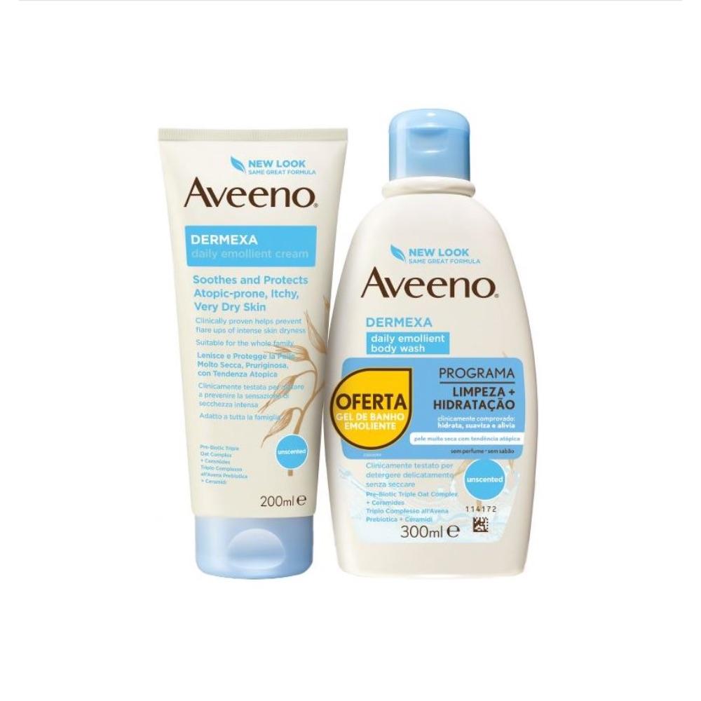 Aveeno Pack Promocional: Aveeno Dermexa Creme Emoliente Lenitivo 200ml + Aveeno Dermexa Gel de Duche Emoliente 300ml 