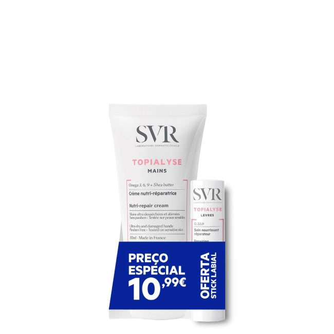 SVR Topialyse Duo Creme de mãos 2 x 50 ml com Oferta de Stick labial 4 g